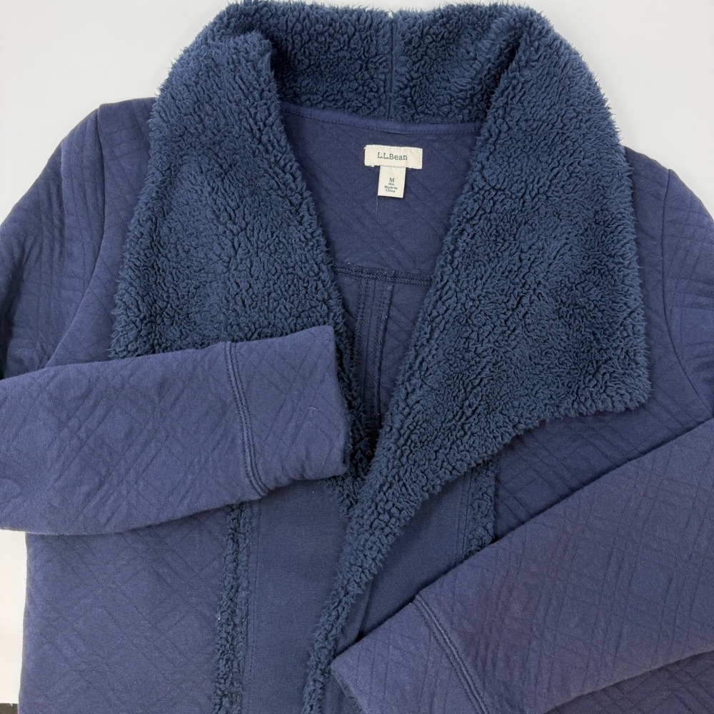LL‎ Bean Womens Medium Navy Blue Quilted Sherpa Collar Cardigan Jacket